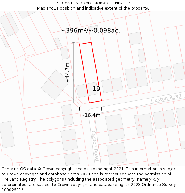 19, CASTON ROAD, NORWICH, NR7 0LS: Plot and title map