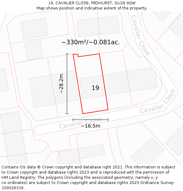 19, CAVALIER CLOSE, MIDHURST, GU29 9QW: Plot and title map