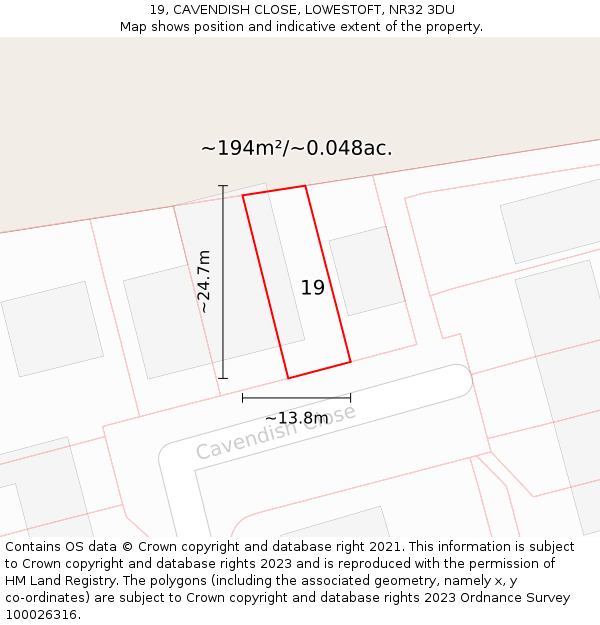 19, CAVENDISH CLOSE, LOWESTOFT, NR32 3DU: Plot and title map