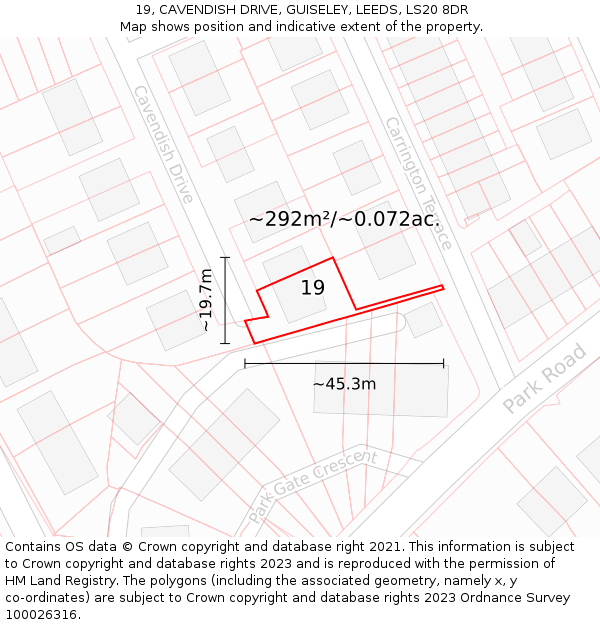 19, CAVENDISH DRIVE, GUISELEY, LEEDS, LS20 8DR: Plot and title map