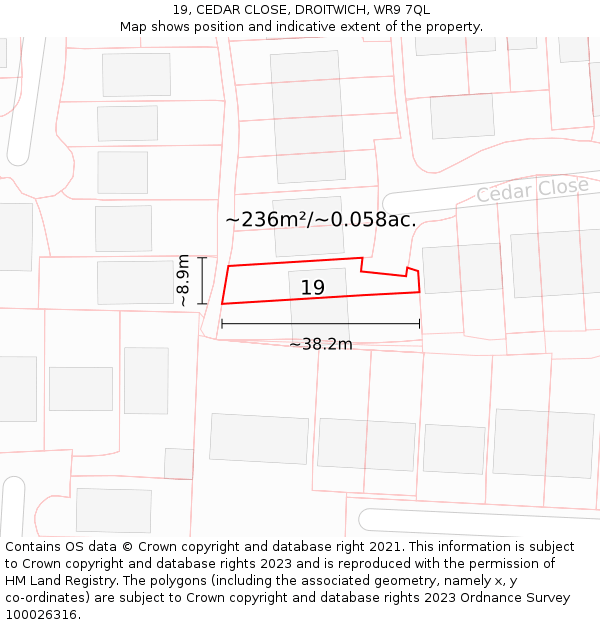 19, CEDAR CLOSE, DROITWICH, WR9 7QL: Plot and title map