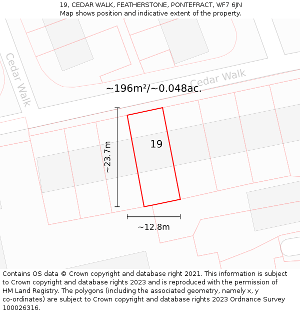 19, CEDAR WALK, FEATHERSTONE, PONTEFRACT, WF7 6JN: Plot and title map