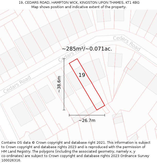 19, CEDARS ROAD, HAMPTON WICK, KINGSTON UPON THAMES, KT1 4BG: Plot and title map