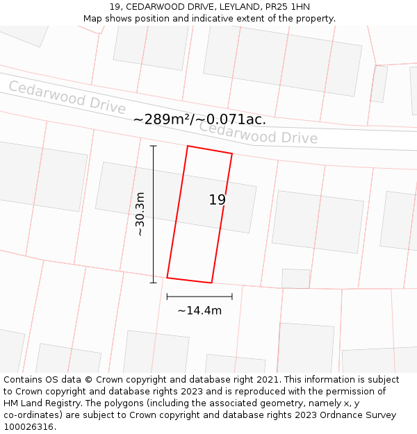 19, CEDARWOOD DRIVE, LEYLAND, PR25 1HN: Plot and title map