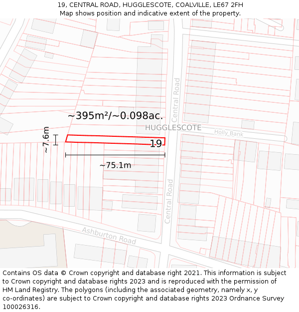 19, CENTRAL ROAD, HUGGLESCOTE, COALVILLE, LE67 2FH: Plot and title map