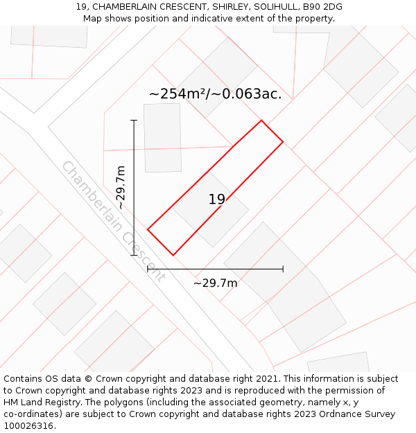 19, CHAMBERLAIN CRESCENT, SHIRLEY, SOLIHULL, B90 2DG: Plot and title map