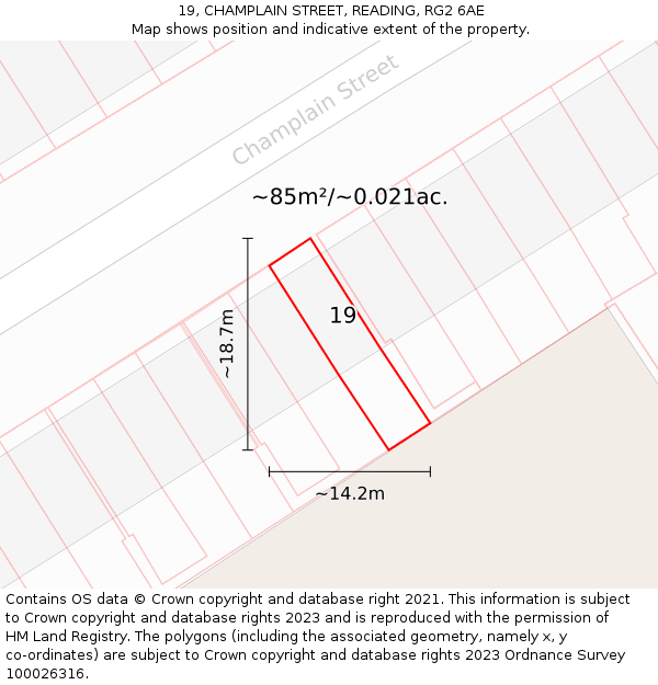 19, CHAMPLAIN STREET, READING, RG2 6AE: Plot and title map