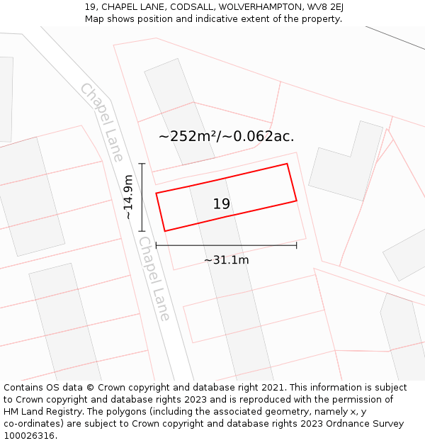 19, CHAPEL LANE, CODSALL, WOLVERHAMPTON, WV8 2EJ: Plot and title map