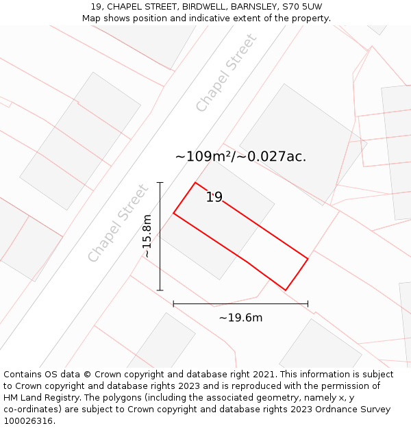 19, CHAPEL STREET, BIRDWELL, BARNSLEY, S70 5UW: Plot and title map