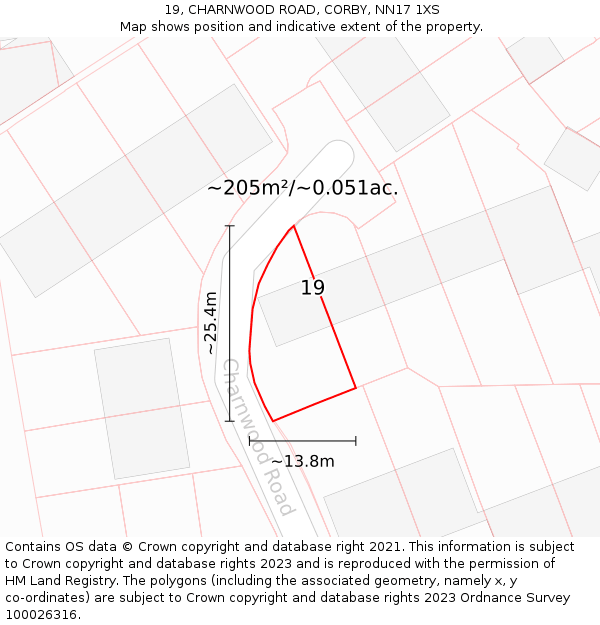 19, CHARNWOOD ROAD, CORBY, NN17 1XS: Plot and title map