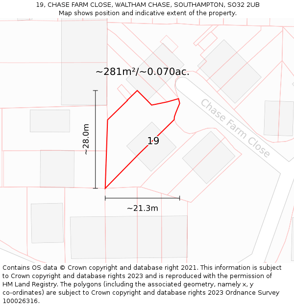19, CHASE FARM CLOSE, WALTHAM CHASE, SOUTHAMPTON, SO32 2UB: Plot and title map