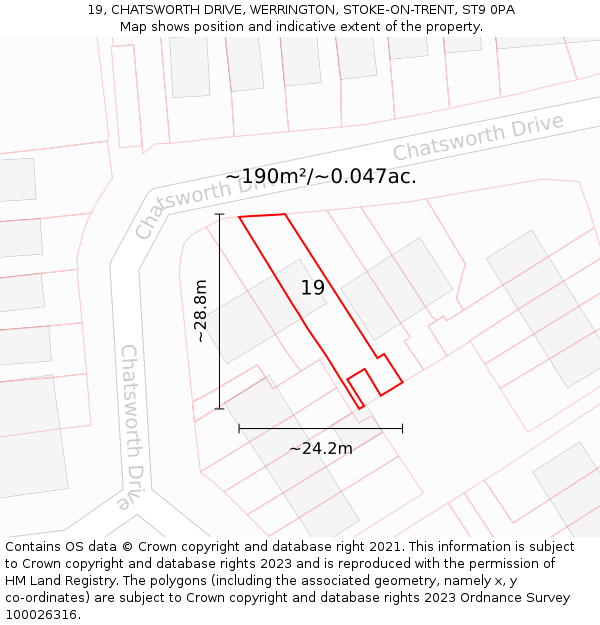19, CHATSWORTH DRIVE, WERRINGTON, STOKE-ON-TRENT, ST9 0PA: Plot and title map