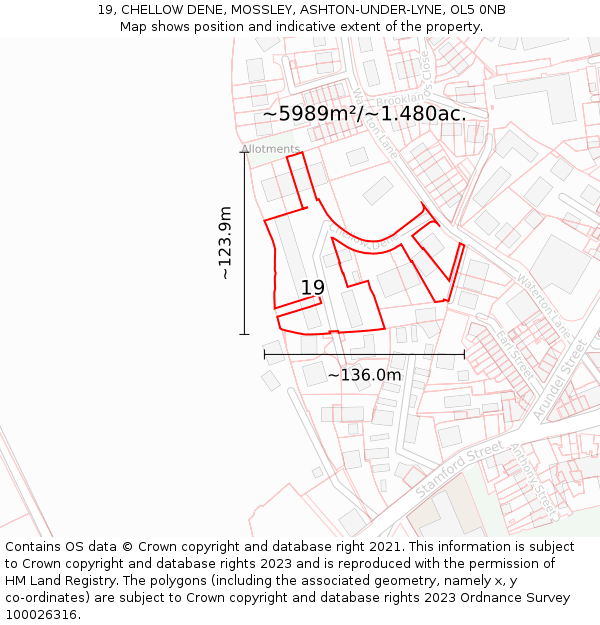 19, CHELLOW DENE, MOSSLEY, ASHTON-UNDER-LYNE, OL5 0NB: Plot and title map