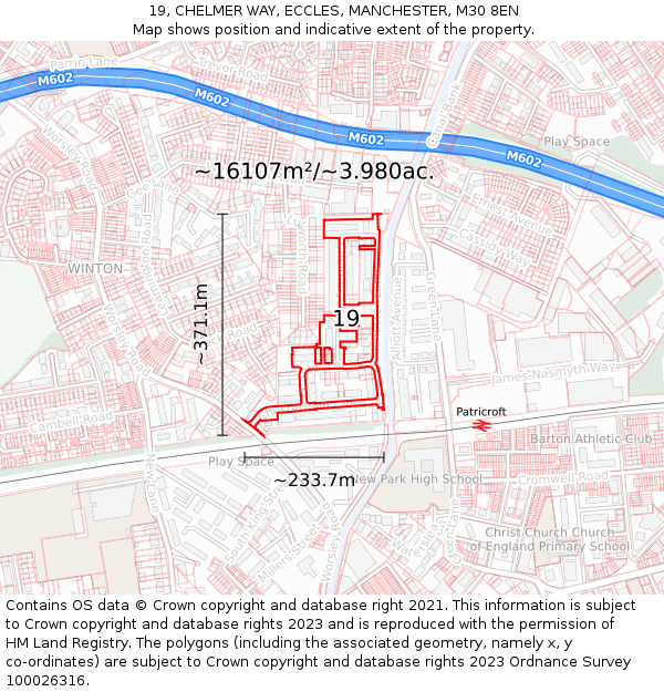19, CHELMER WAY, ECCLES, MANCHESTER, M30 8EN: Plot and title map