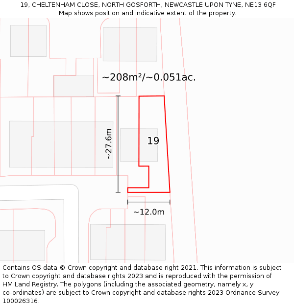 19, CHELTENHAM CLOSE, NORTH GOSFORTH, NEWCASTLE UPON TYNE, NE13 6QF: Plot and title map