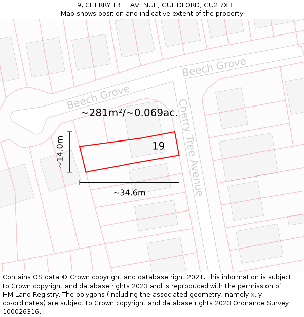 19, CHERRY TREE AVENUE, GUILDFORD, GU2 7XB: Plot and title map