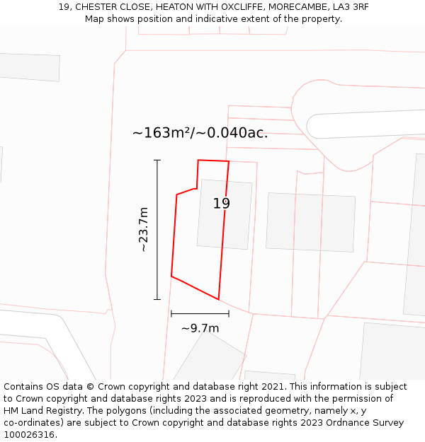 19, CHESTER CLOSE, HEATON WITH OXCLIFFE, MORECAMBE, LA3 3RF: Plot and title map