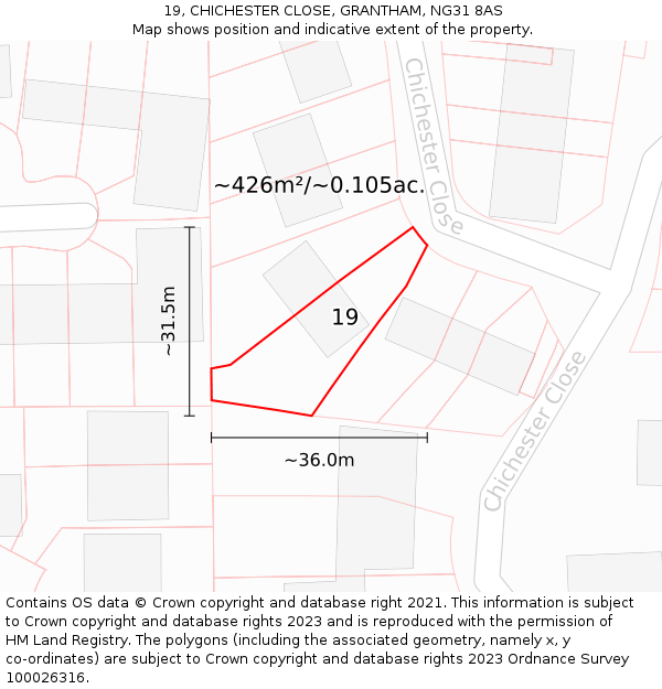 19, CHICHESTER CLOSE, GRANTHAM, NG31 8AS: Plot and title map