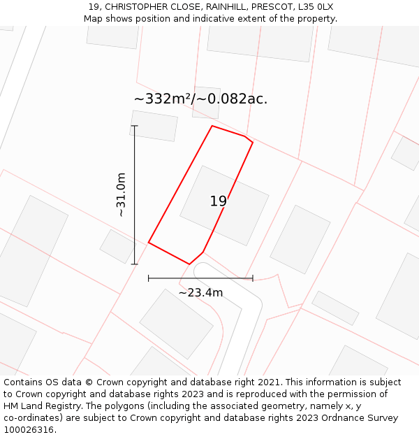 19, CHRISTOPHER CLOSE, RAINHILL, PRESCOT, L35 0LX: Plot and title map