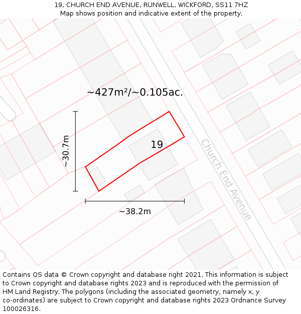 19, CHURCH END AVENUE, RUNWELL, WICKFORD, SS11 7HZ: Plot and title map