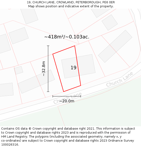 19, CHURCH LANE, CROWLAND, PETERBOROUGH, PE6 0ER: Plot and title map