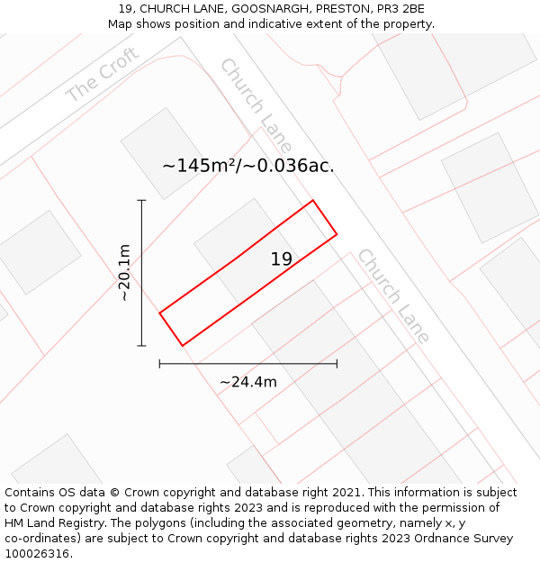 19, CHURCH LANE, GOOSNARGH, PRESTON, PR3 2BE: Plot and title map