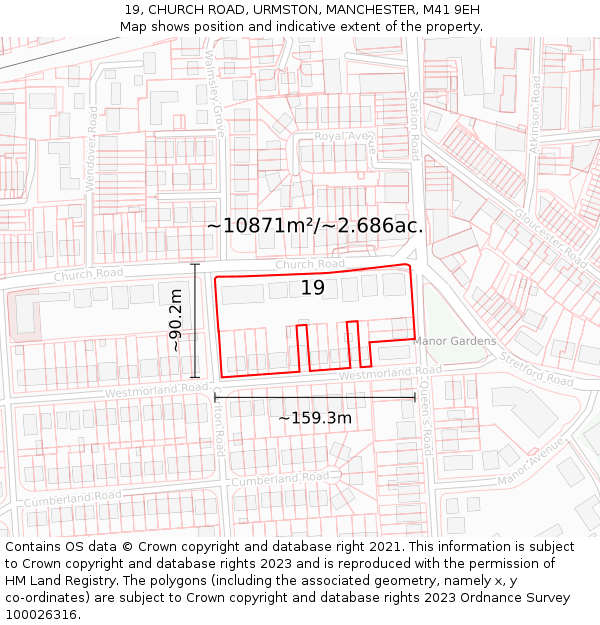 19, CHURCH ROAD, URMSTON, MANCHESTER, M41 9EH: Plot and title map