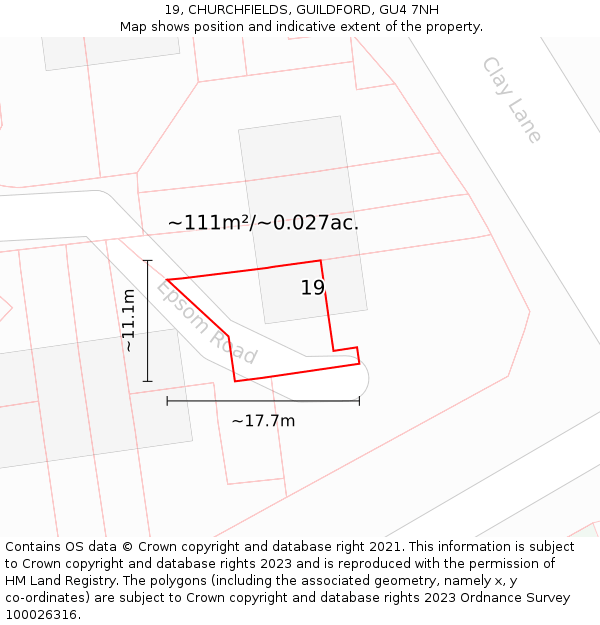 19, CHURCHFIELDS, GUILDFORD, GU4 7NH: Plot and title map