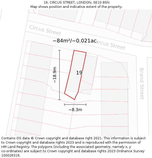 19, CIRCUS STREET, LONDON, SE10 8SN: Plot and title map