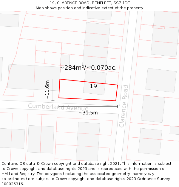 19, CLARENCE ROAD, BENFLEET, SS7 1DE: Plot and title map