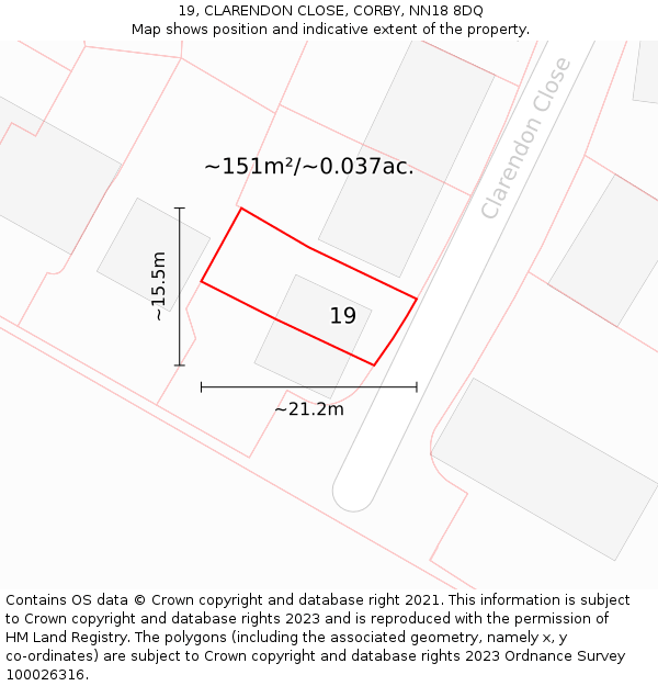 19, CLARENDON CLOSE, CORBY, NN18 8DQ: Plot and title map