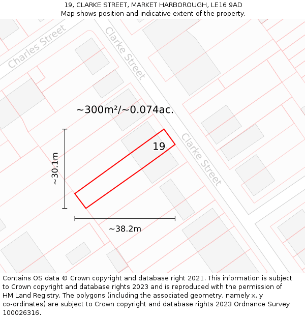 19, CLARKE STREET, MARKET HARBOROUGH, LE16 9AD: Plot and title map