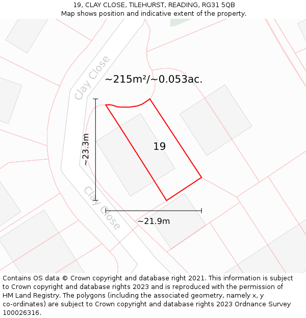 19, CLAY CLOSE, TILEHURST, READING, RG31 5QB: Plot and title map