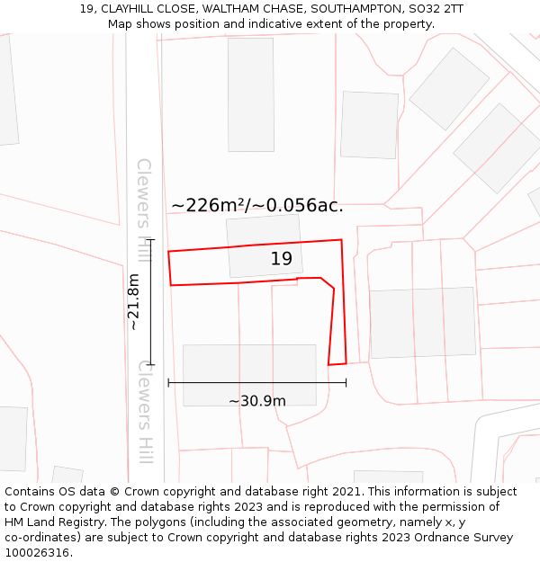 19, CLAYHILL CLOSE, WALTHAM CHASE, SOUTHAMPTON, SO32 2TT: Plot and title map