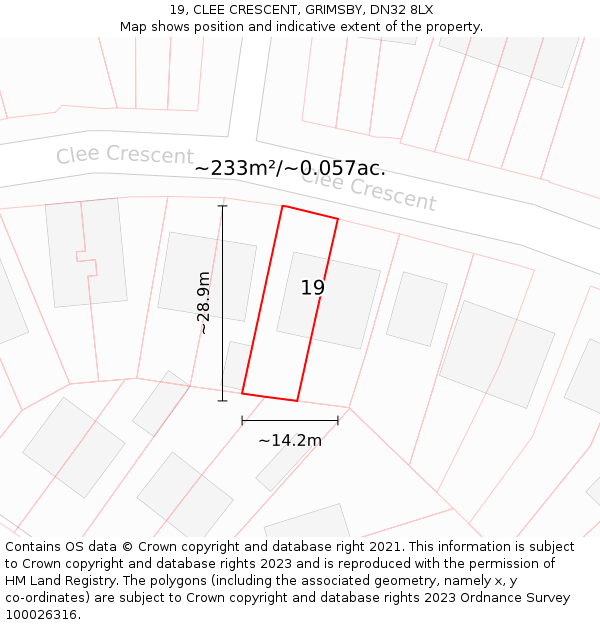 19, CLEE CRESCENT, GRIMSBY, DN32 8LX: Plot and title map