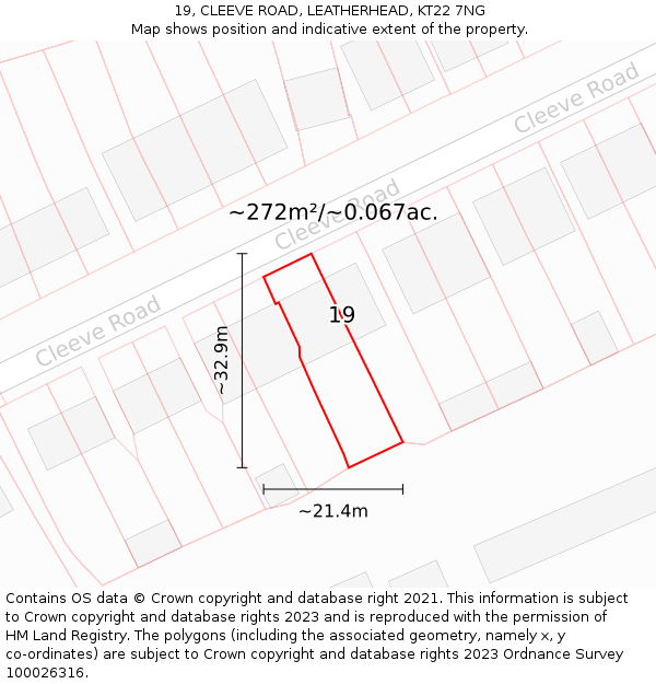 19, CLEEVE ROAD, LEATHERHEAD, KT22 7NG: Plot and title map