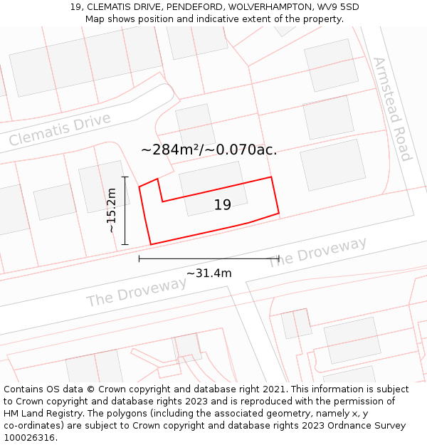 19, CLEMATIS DRIVE, PENDEFORD, WOLVERHAMPTON, WV9 5SD: Plot and title map