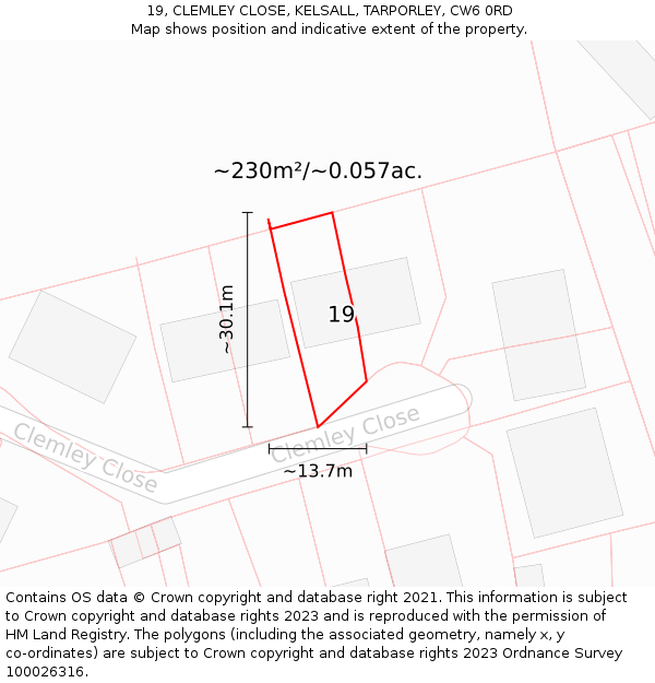 19, CLEMLEY CLOSE, KELSALL, TARPORLEY, CW6 0RD: Plot and title map