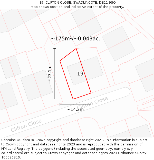 19, CLIFTON CLOSE, SWADLINCOTE, DE11 9SQ: Plot and title map