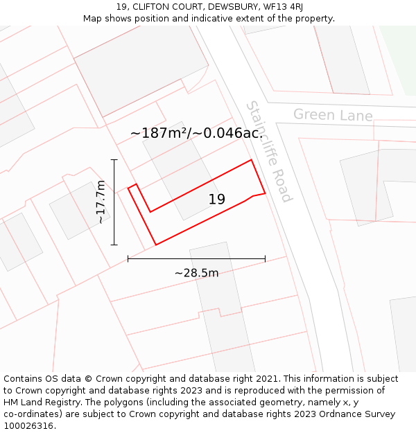 19, CLIFTON COURT, DEWSBURY, WF13 4RJ: Plot and title map