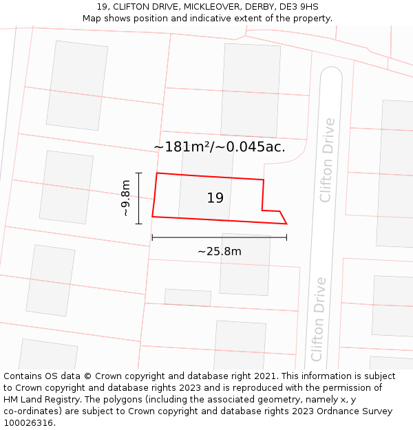 19, CLIFTON DRIVE, MICKLEOVER, DERBY, DE3 9HS: Plot and title map