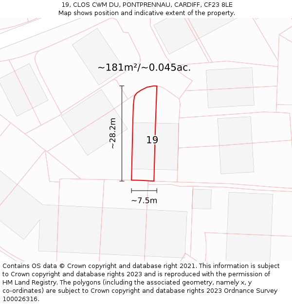 19, CLOS CWM DU, PONTPRENNAU, CARDIFF, CF23 8LE: Plot and title map