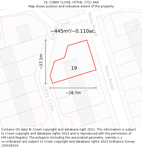 19, COBAY CLOSE, HYTHE, CT21 6AA: Plot and title map