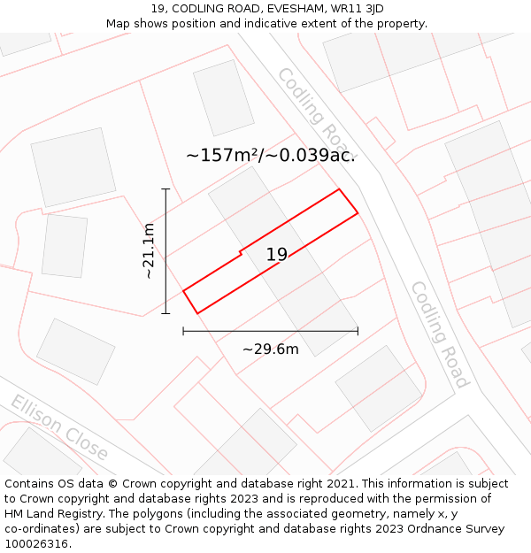 19, CODLING ROAD, EVESHAM, WR11 3JD: Plot and title map
