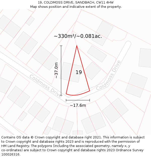 19, COLDMOSS DRIVE, SANDBACH, CW11 4HW: Plot and title map