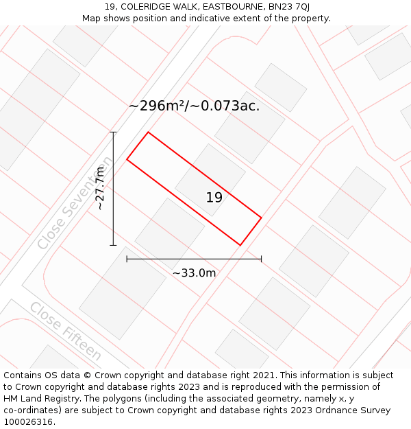 19, COLERIDGE WALK, EASTBOURNE, BN23 7QJ: Plot and title map