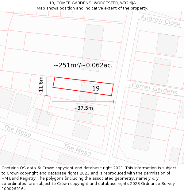 19, COMER GARDENS, WORCESTER, WR2 6JA: Plot and title map