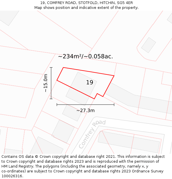 19, COMFREY ROAD, STOTFOLD, HITCHIN, SG5 4ER: Plot and title map