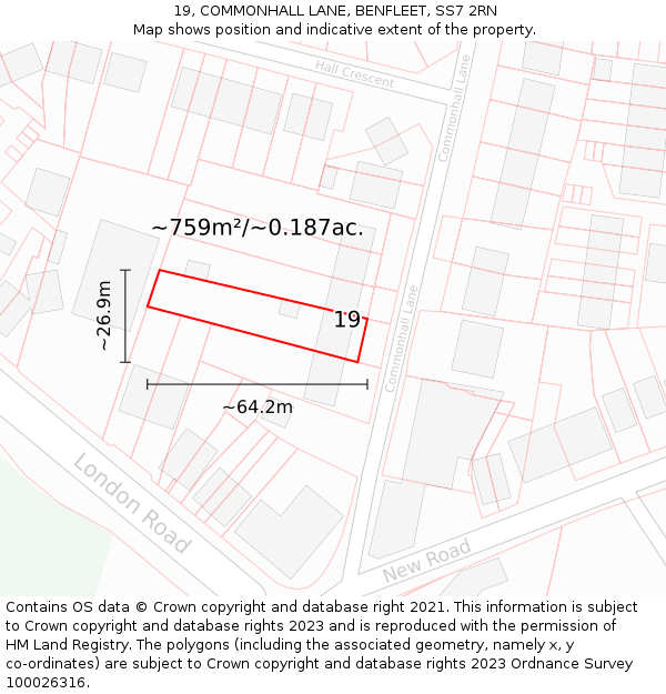 19, COMMONHALL LANE, BENFLEET, SS7 2RN: Plot and title map