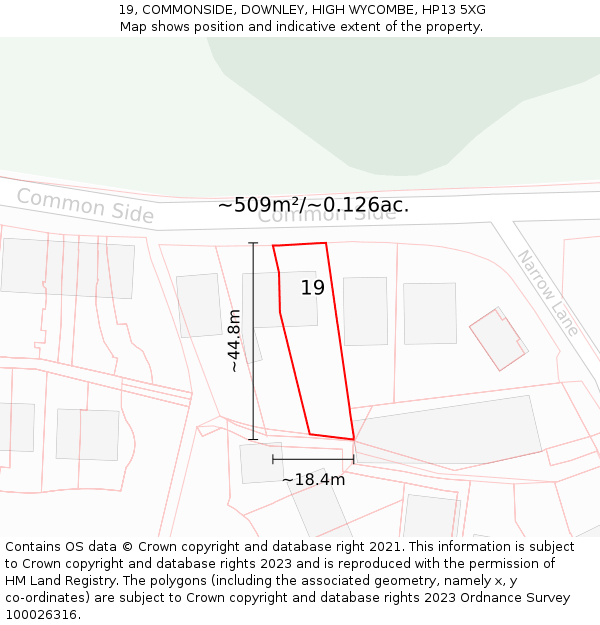 19, COMMONSIDE, DOWNLEY, HIGH WYCOMBE, HP13 5XG: Plot and title map